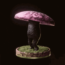 a statue of a mushroom with a purple umbrella on it