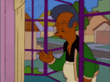 a cartoon of a man looking out a window with his eyes closed