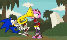 a cartoon of sonic the hedgehog and amy rose playing a trumpet