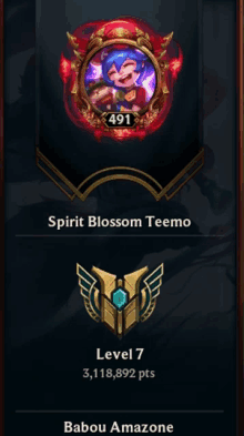 a screenshot of a video game that says spirit blossom teemo and level 7 babou amazone