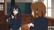 two anime girls are standing next to each other in a classroom