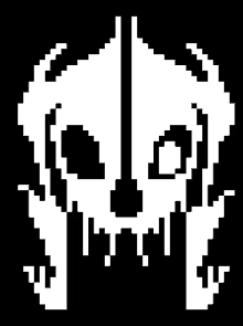 a pixel art of a skull with a sword coming out of it .