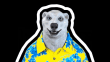 a polar bear wearing a yellow and blue shirt is smiling