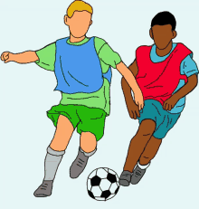 a drawing of two boys playing soccer with a soccer ball in the middle