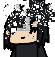 a cartoon drawing of a person with black hair and white squares coming out of their head