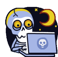 a cartoon of a skeleton using a laptop with a skull on it