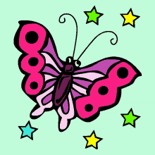 a pink and purple butterfly with stars around it