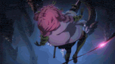 a cartoon girl with pink hair and green eyes is flying through the air