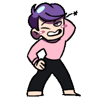 a cartoon drawing of a person with purple hair and pink cheeks