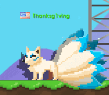 a pixel art drawing of a dog with the words thanksgiving on the bottom