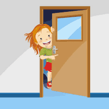 a cartoon girl is peeking out of an open door