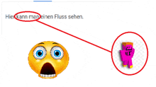 a yellow smiley face with blue eyes and a red circle around it says hier kann man einen fluss sehen