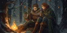 a man and a woman sit by a fire in a forest