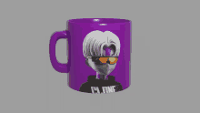 a purple mug with a cartoon character on it and the word clone on it