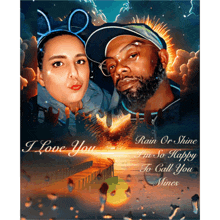 a painting of a man and a woman with the words " i love you rain or shine "