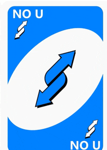 a blue and white uno card with two blue arrows pointing in opposite directions