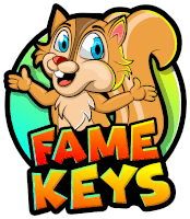 a logo for fame keys with a cartoon squirrel on it