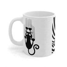 a white coffee mug with a black cat scratching against a wall