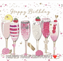 a birthday card with champagne glasses and the words happy birthday happy half century