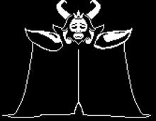 a black and white pixel art of a king with horns and a crown .