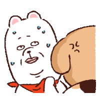 a cartoon drawing of a white bear with a red scarf around its neck and a brown dog