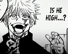 a black and white drawing of a man with the words " is he high " above him