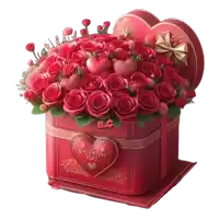 a heart shaped box filled with red roses and a heart with the words valentine you on it