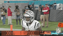 a football player in a bengals uniform stands on the field during the 3rd quarter of a game against the miami dolphins