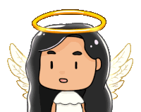 a cartoon angel with long black hair and wings has a halo around her head