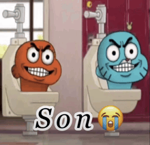 two cartoon characters are sitting in urinals with the word son below them
