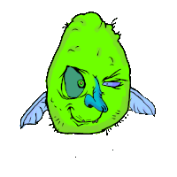 a cartoon drawing of a green monster with blue eyes