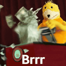 a yellow stuffed animal is driving a red car with the word brrr written on the bottom