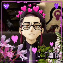 a picture of a boy with glasses and a crown of pink hearts with the words je t'aime