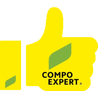 a yellow thumbs up for compo expert with a green leaf on it