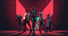 a group of video game characters are standing in front of a red background with the letters v on it