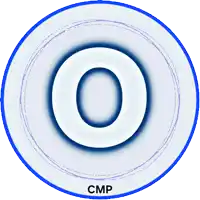 a blue circle with the letter o in the center and cmp below it