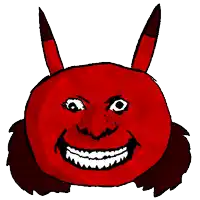 a drawing of a red devil with horns and a big smile