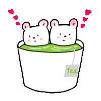 two bears are sitting in a cup of green tea with hearts flying around them .