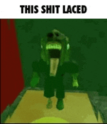 a green monster with a tongue sticking out is standing in a room .