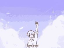 a cartoon of a boy waving his hand with the words i love you written below him