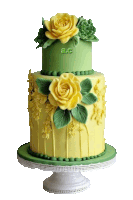 a three tiered cake with yellow roses and green leaves and the initials a.c.