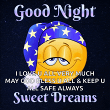 a good night message with a smiley face wearing a blue sleep cap