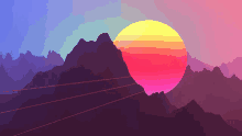 a colorful sunset with mountains in the foreground and the sun in the middle