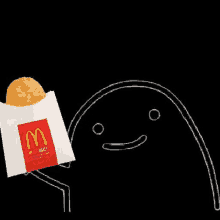 a drawing of a person holding a bag of mcdonald 's fried chicken .