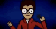 a cartoon character with glasses is holding a microphone in his hand .