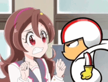 a cartoon character is talking to a girl in a school uniform while wearing a helmet .