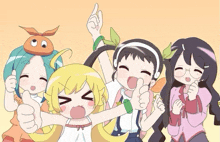 a group of anime girls are giving each other thumbs up