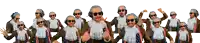 a group of men wearing sunglasses and headphones are dancing together