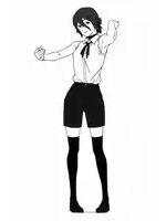 a black and white drawing of a girl in shorts and thigh high socks