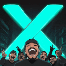 a group of people are standing in front of a large x